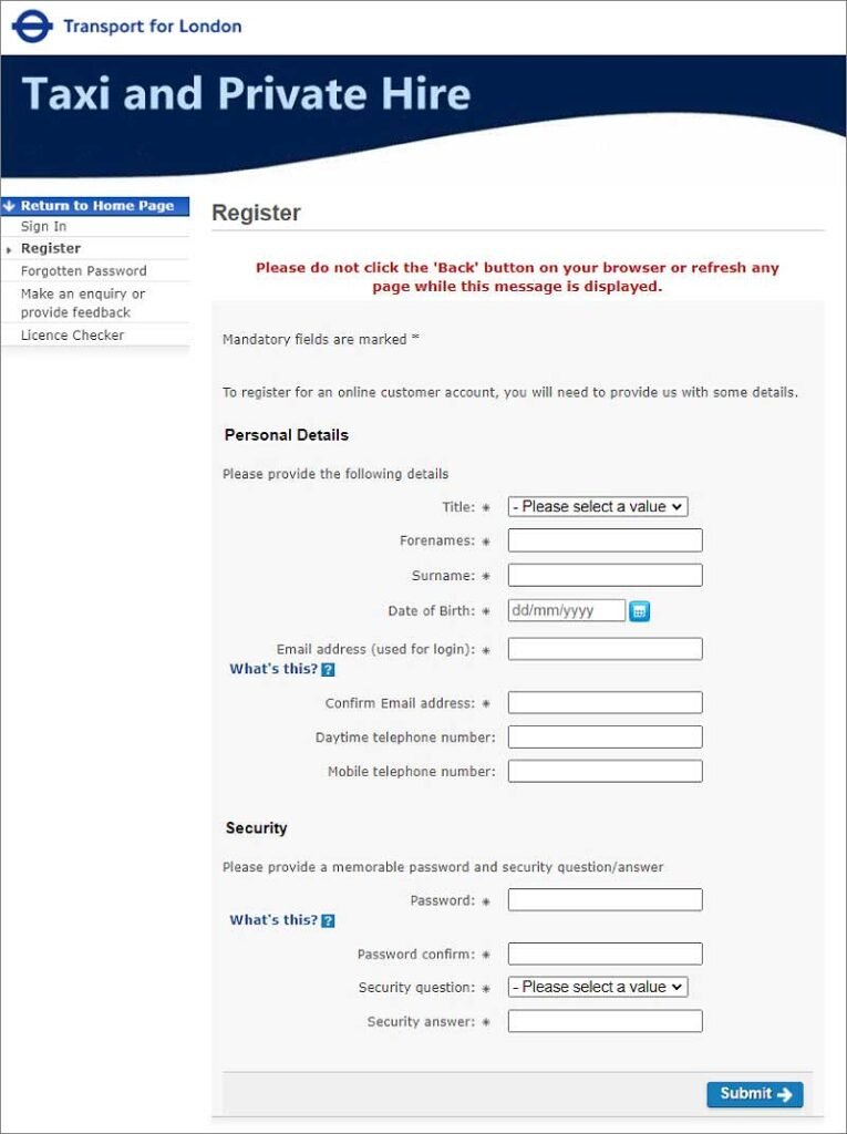 TfL PCO Licence Online Registration Form