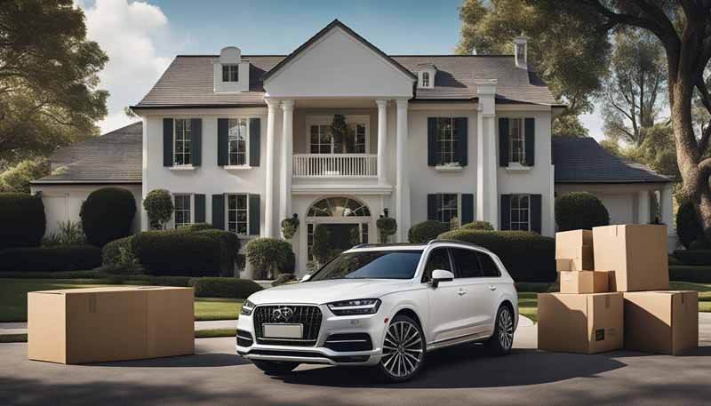 AN Uber XL car in front of a house with boxes on both sides of the car.