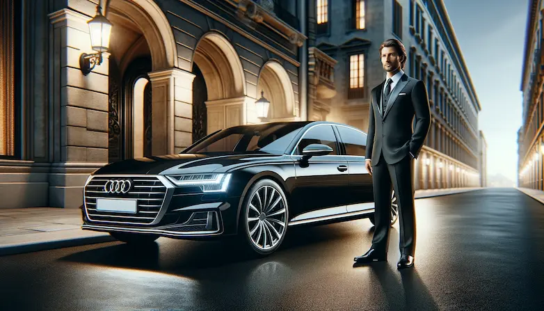An Audi A8 car with a driver standing next to it