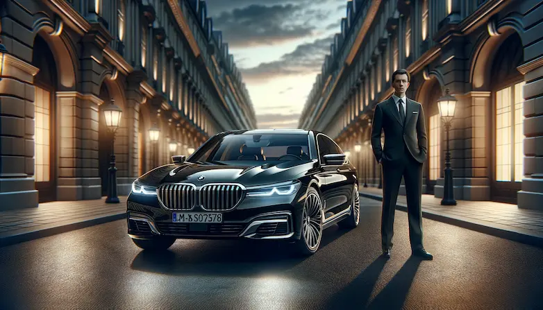 BMW 7-Series car with a driver standing next to it
