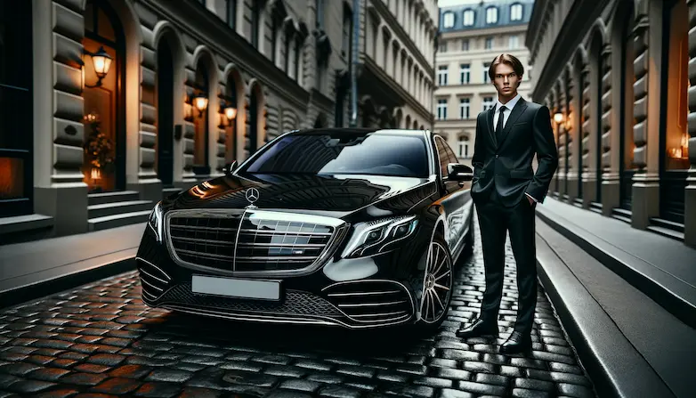 Mercedes S-Class with a driver standing next to it